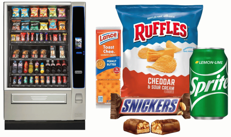 Traditional combo machine with Ruffles, Lance crackers, Snickers, and Sprite