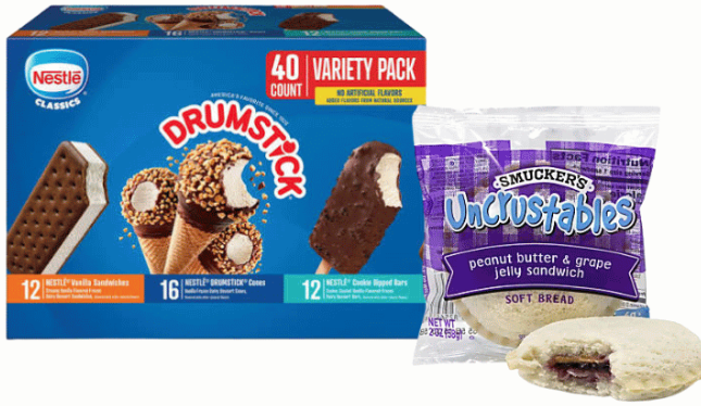 Drumstick ice cream and Uncrustables sandwich options