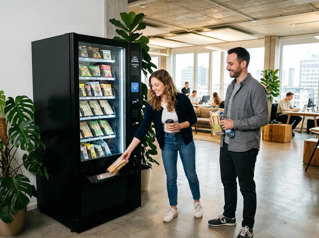 Colleagues selecting refreshments at a workplace vending machine